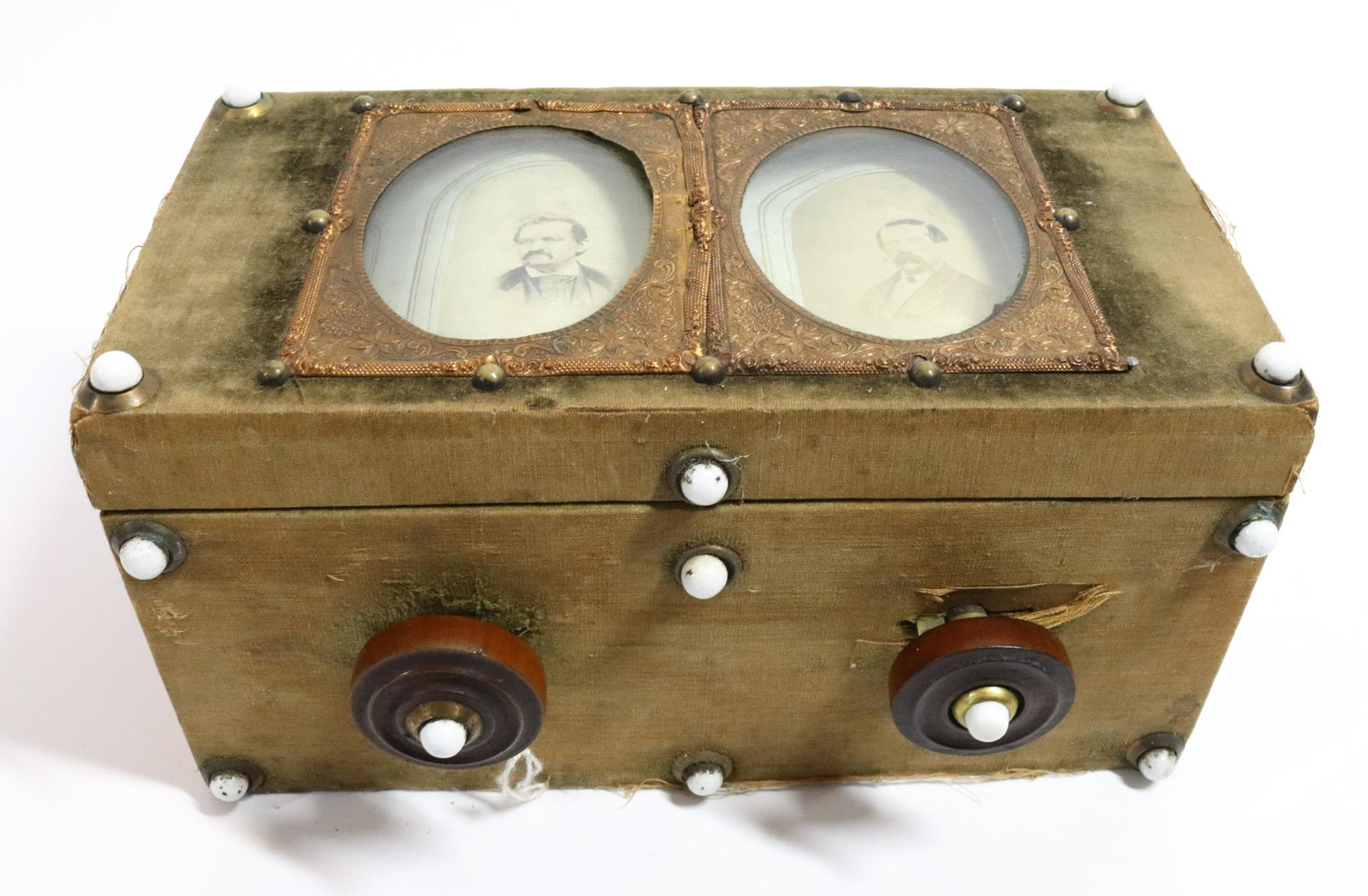 ROBINSON'S PATENT PHOTOGRAPH ALBUM: PATENTED 1865. D. MILLARD & CO. OHIO. SIX PHOTOGRAPHS PRESENT. 4 3/4" X 9 1/2" X 5". Please Read Carefully before Bidding. Hartzell’s Auction Gallery Inc. will Conduct an ON-SITE and also ON-LIN