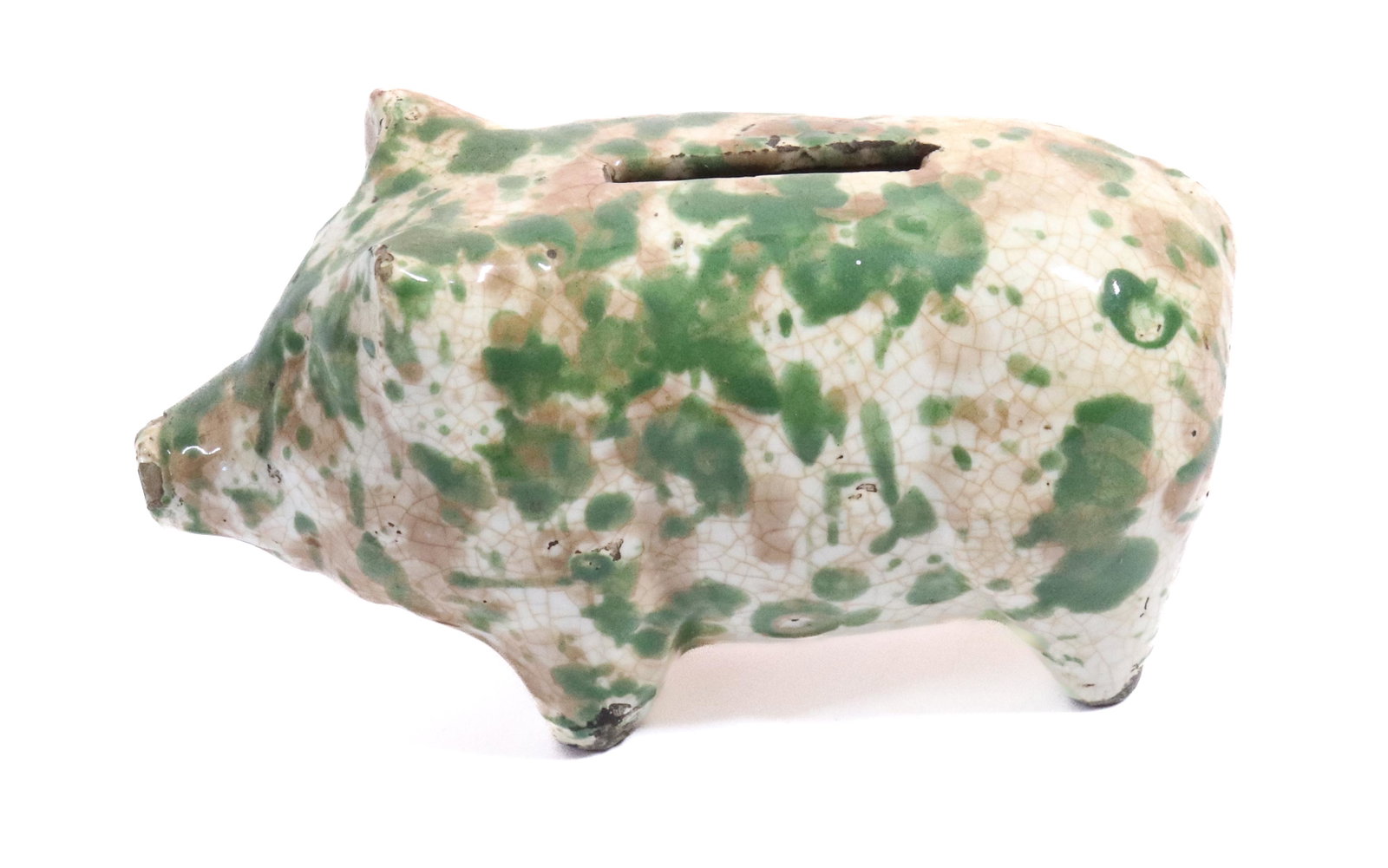 SPONGEWARE DECORATED PIGGY BANK: GREEN AND BROWN SPONGING ON WHITE CLAY BODY - 4 3/4" L Please Read Carefully before Bidding. Hartzell’s Auction Gallery Inc. will Conduct an ON-SITE and also ON-LINE Auction at 2481 Belvidere Rd