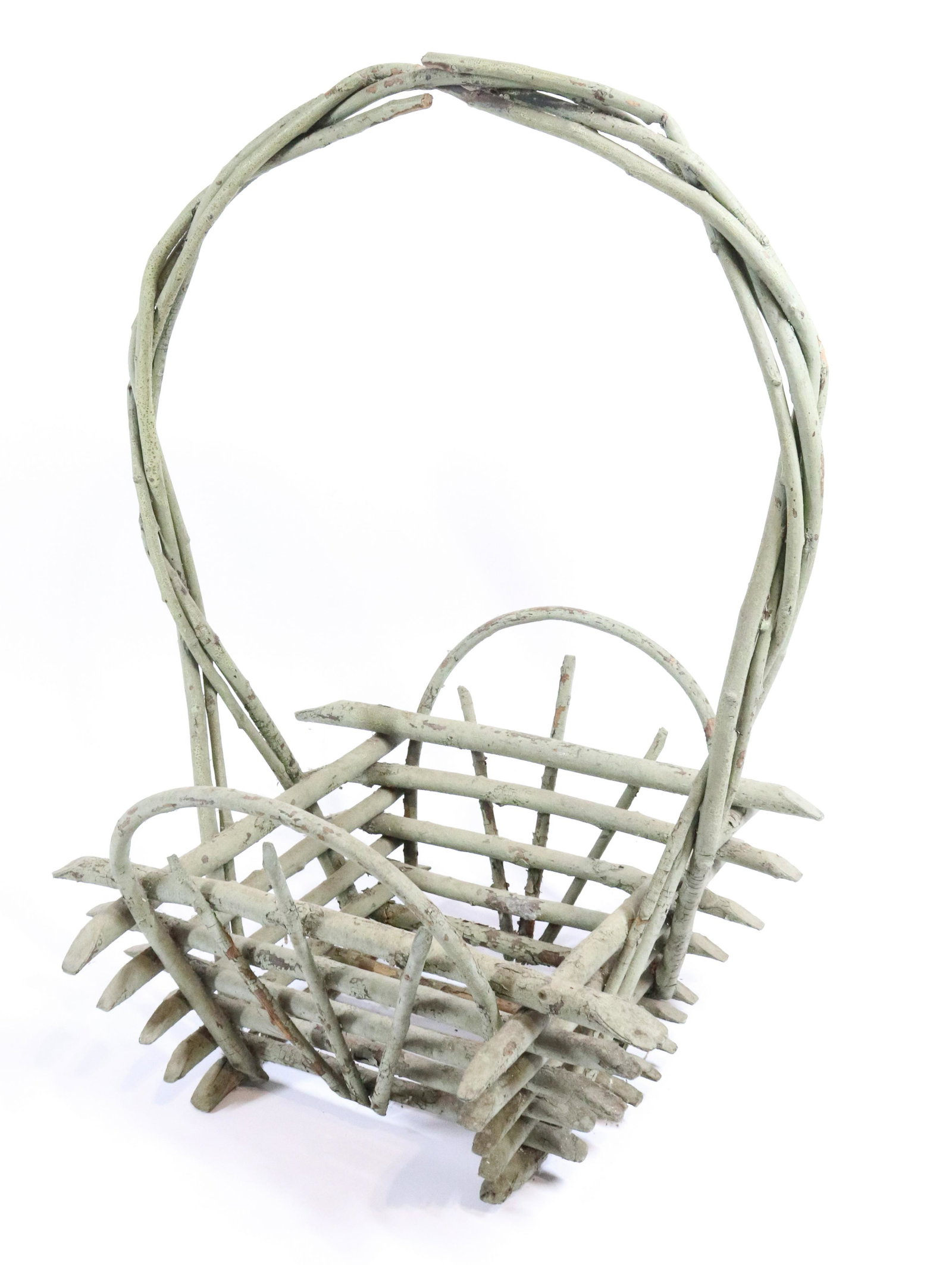 PAINTED TWIG BASKET: LIGHT GREEN BENTWOOD BASKET. 22" X 15 1/2" X 14". Please Read Carefully before Bidding. Hartzell’s Auction Gallery Inc. will Conduct an ON-SITE and also ON-LINE Auction at 2481 Belvidere Rd, Phi
