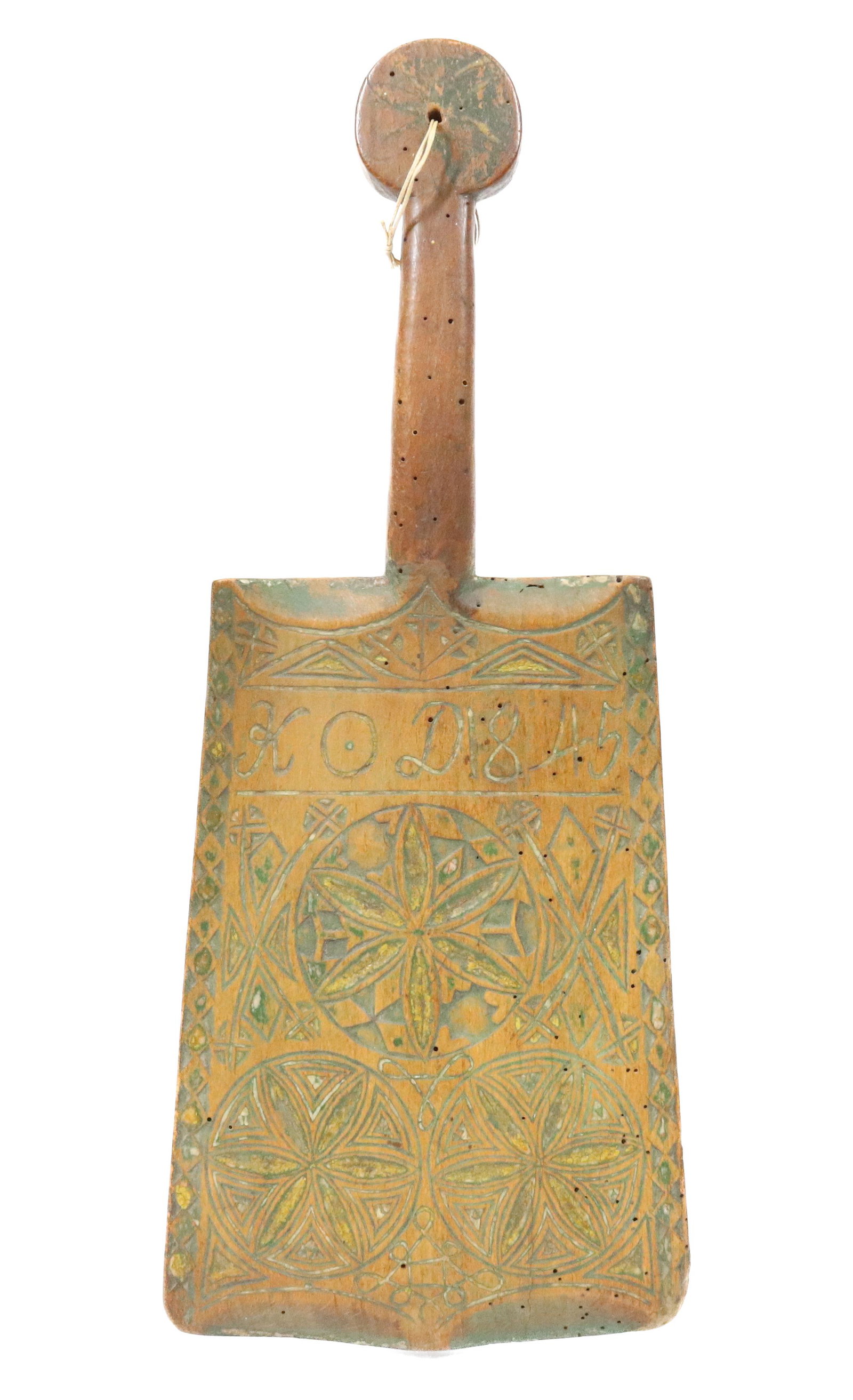 19TH C. CARVED WASHING BAT: DATED 1845 WITH GEOMETRIC PATTERNS AND INITIALS. 16 1/4" L. Terms: PLEASE READ CAREFULLY BEFORE BIDDING. THIS IS AN ONLINE ONLY AUCTION. PREVIEWS WILL BE - WEDNESDAY APRIL 26TH, THURSDAY APRIL 27TH FR