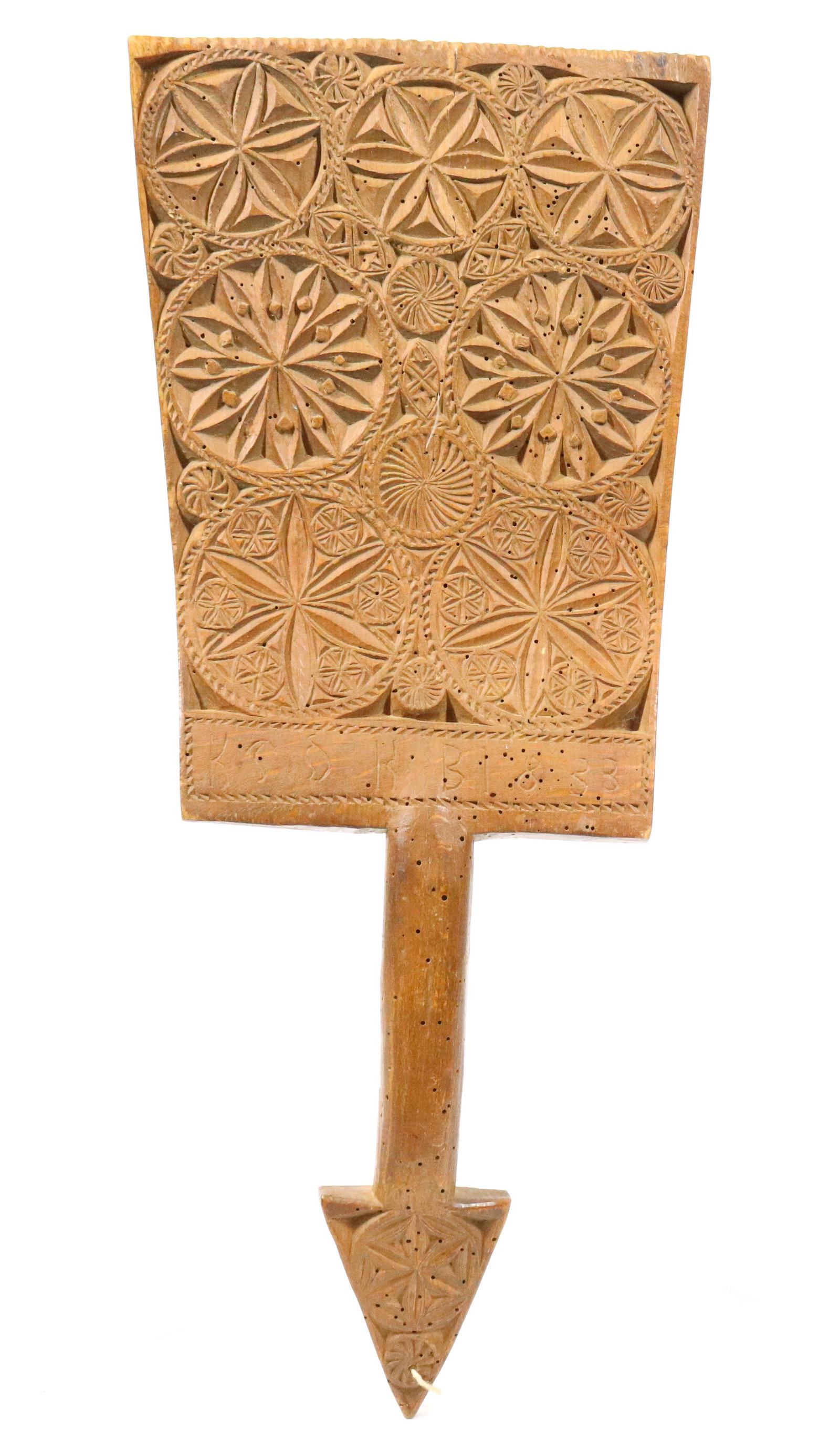 19TH C. CARVED WASHING BAT: ORIGINAL SURFACE DATED 1833 WITH GEOMETRIC DESIGN AND INITIALED KSD. 19" L. Terms: PLEASE READ CAREFULLY BEFORE BIDDING. THIS IS AN ONLINE ONLY AUCTION. PREVIEWS WILL BE - WEDNESDAY APRIL 26TH, THURSD