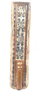 19TH C. CARVED EUROPEAN MANGLE BOARD: GEOMETRIC DESIGNS ON LAYERED BOARD IN ORIGINAL BLUE/RED/CREAM COLOR. 23" L. Terms: PLEASE READ CAREFULLY BEFORE BIDDING. THIS IS AN ONLINE ONLY AUCTION. PREVIEWS WILL BE - WEDNESDAY APRIL 26TH,