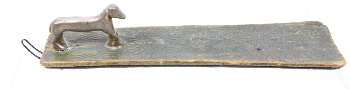 MINIATURE 18TH C. MANGLE BOARD: HORSE HANDLE. DATED 1773. LEATHER WRAPPED LEAD BASE WITH GEOMETRIC DESIGN. 6 1/2" L. Terms: PLEASE READ CAREFULLY BEFORE BIDDING. THIS IS AN ONLINE ONLY AUCTION. PREVIEWS WILL BE - WEDNESDAY