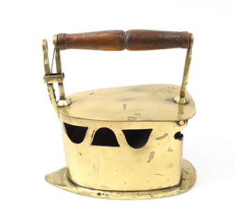 19TH C. BRASS CHARCOAL IRON: CUT-OUT BRASS BODY WITH BRASS LATCH. EXTENDED FRONT AND REAR PLATES. 6 1/2" L. Terms: PLEASE READ CAREFULLY BEFORE BIDDING. THIS IS AN ONLINE ONLY AUCTION. PREVIEWS WILL BE - WEDNESDAY APRIL