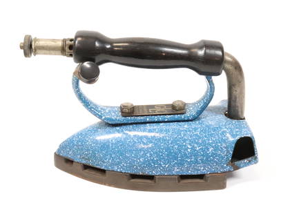 ENGLISH GAS IRON: A.KENDRICK & SONS LTD. BLUE/WHITE PORCELAIN FINISH. 8 1/4" L. Terms: PLEASE READ CAREFULLY BEFORE BIDDING. THIS IS AN ONLINE ONLY AUCTION. PREVIEWS WILL BE - WEDNESDAY APRIL 26TH, THURSDAY APRIL 27TH