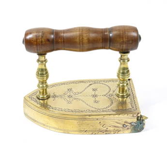 SMALL SIZE DANISH BOX IRON: ROUND BACK WITH CURVED LIFT-GATE. HAND TOOLED HEART DESIGN ON TOP. 6" L. Terms: PLEASE READ CAREFULLY BEFORE BIDDING. THIS IS AN ONLINE ONLY AUCTION. PREVIEWS WILL BE - WEDNESDAY APRIL 26TH, THURSDAY