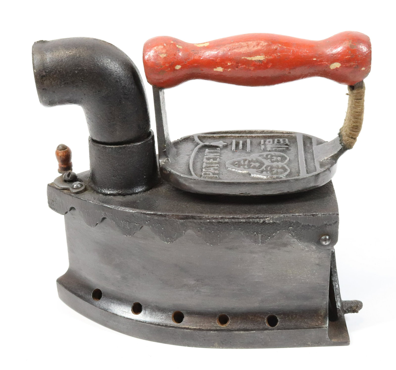 JAPANESE CHARCOAL IRON: MRKD. PATENT. FRONT LATCH WITH SWIVEL CHIMNEY. 7" L. Terms: PLEASE READ CAREFULLY BEFORE BIDDING. THIS IS AN ONLINE ONLY AUCTION. PREVIEWS WILL BE - WEDNESDAY APRIL 26TH, THURSDAY APRIL 27TH FROM 9:00