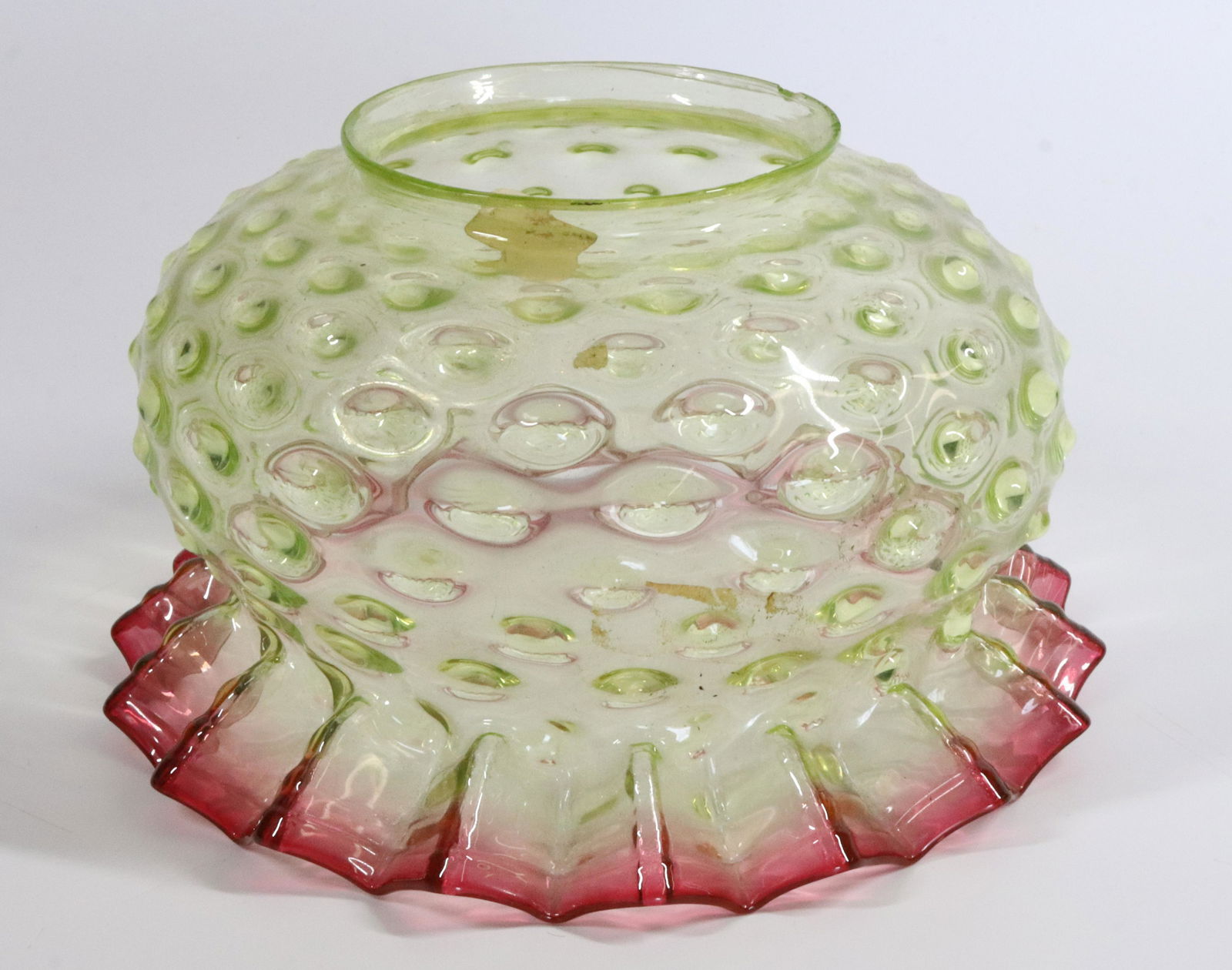 RUBINA VERDE HOBNAIL SHADE: RUFFLE RIM 19TH CENTURY 5" X 8 1/2" FITTER RING 3 7/8" Terms: Please Read Carefully before Bidding. Hartzell’s Auction Gallery Inc. will Conduct an ON-LINE ONLY Auction at 2481 Belvidere Rd, Phillip