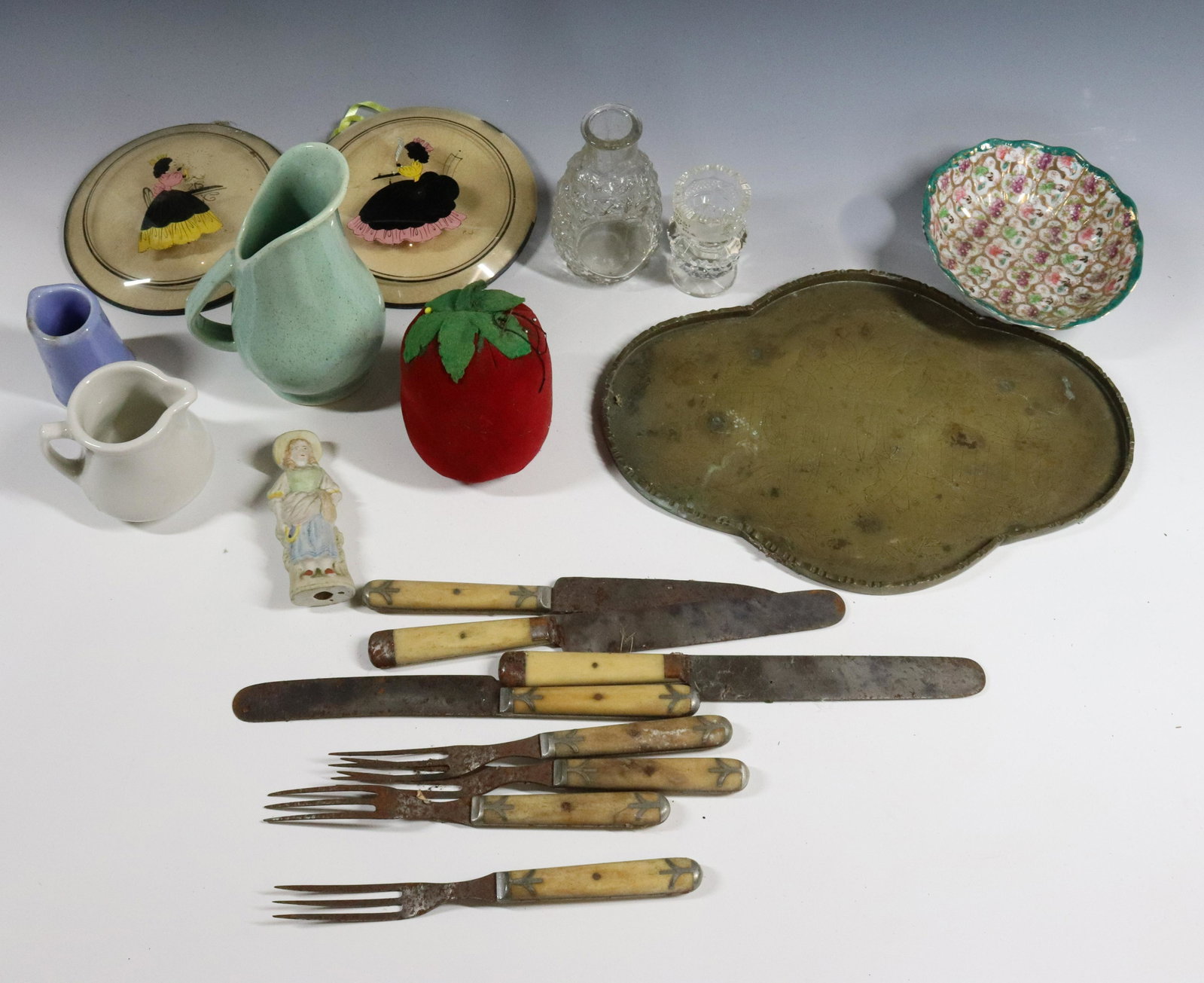 POTTERY GLASS KNIVES AND FORKS GROUP: PIN CUSHION 50S PICTURES, POTTERY CREAMERS FORKS AND KNIVES 8 1/2" X 11" Terms: Please Read Carefully before Bidding. Hartzell’s Auction Gallery Inc. will Conduct an ON-LINE ONLY Auction at 2481 Bel
