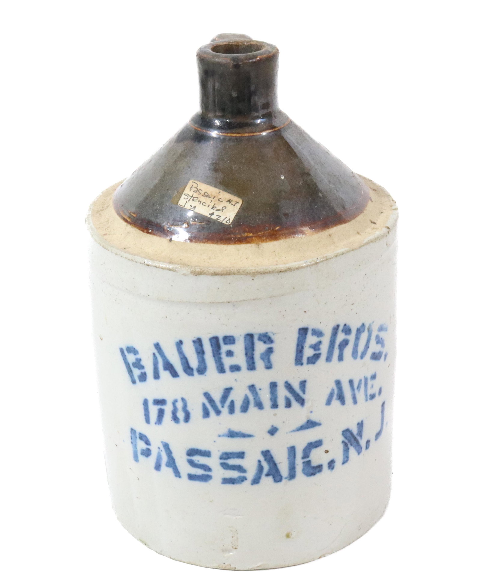 BAUER BROS PASSAIC NJ JUG: STONEWARE JUG BLUE TRANSFER 9"H Terms: Please Read Carefully before Bidding. Hartzell’s Auction Gallery Inc. will Conduct an ON-LINE ONLY Auction at 2481 Belvidere Rd, Phillipsburg, Nj. 08865. There