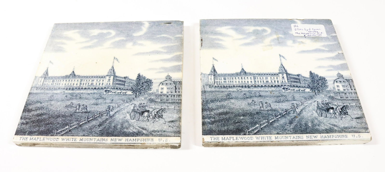 (2) NEW HAMPSHIRE MOUNTAIN RESORT TILES: A. FRENCH BOSTON ON REVERSE GREEN TINT TRANSFER 6" X 6" Terms: Please Read Carefully before Bidding. Hartzell’s Auction Gallery Inc. will Conduct an ON-LINE ONLY Auction at 2481 Belvidere Rd, Philli