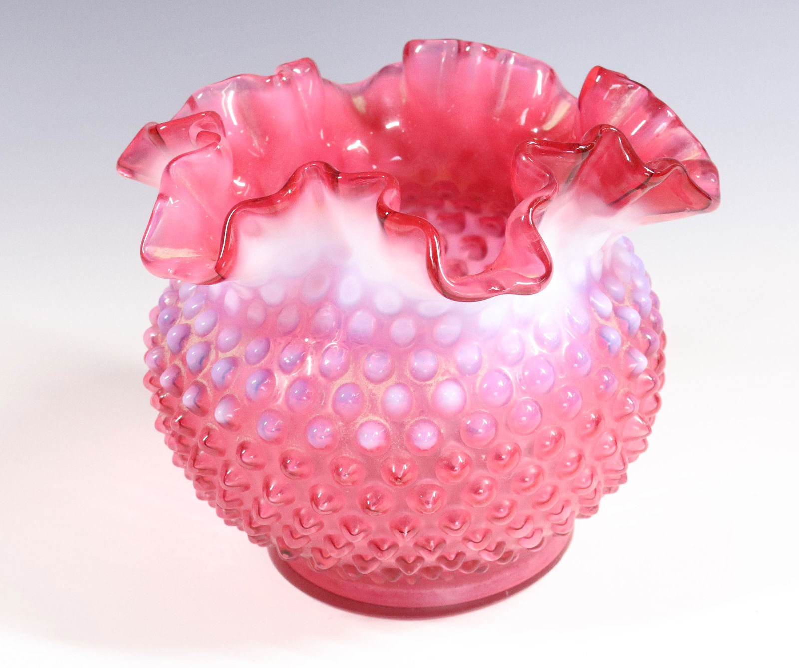 FENTON CRANBERRY OPALESCENT VASE: HOBNAIL RUFFLED RIM 5" X 6" Terms: Please Read Carefully before Bidding. Hartzell’s Auction Gallery Inc. will Conduct an ON-LINE ONLY Auction at 2481 Belvidere Rd, Phillipsburg, Nj. 08865. There wil