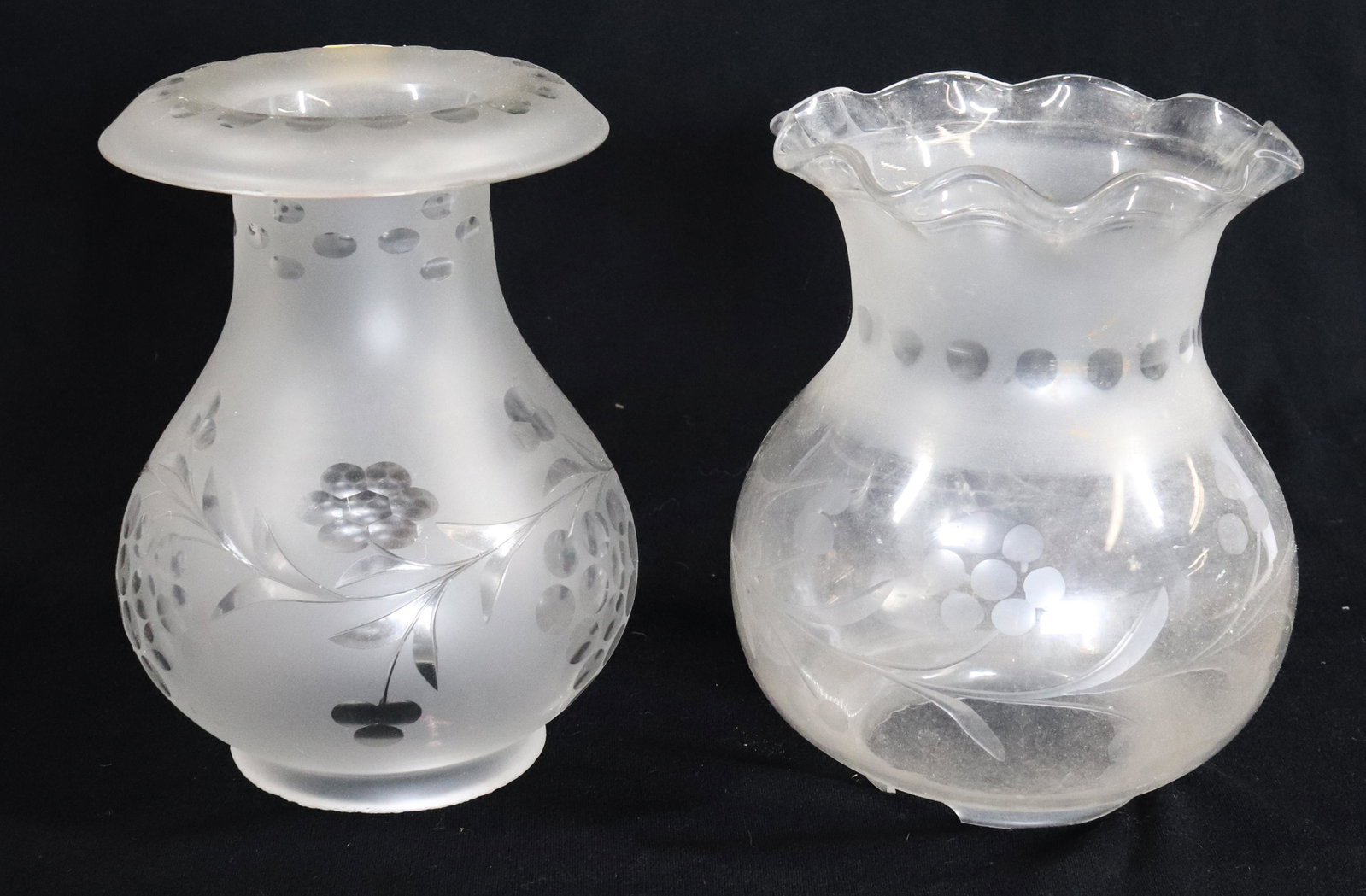 (2) ENGRAVED GLASS SHADES: BERRY PATTERNS 6 1/2"H FIT RINGS 2 7/8" DIA 3 1/8" DIA Terms: Please Read Carefully before Bidding. Hartzell’s Auction Gallery Inc. will Conduct an ON-LINE ONLY Auction at 2481 Belvidere Rd, Phillip