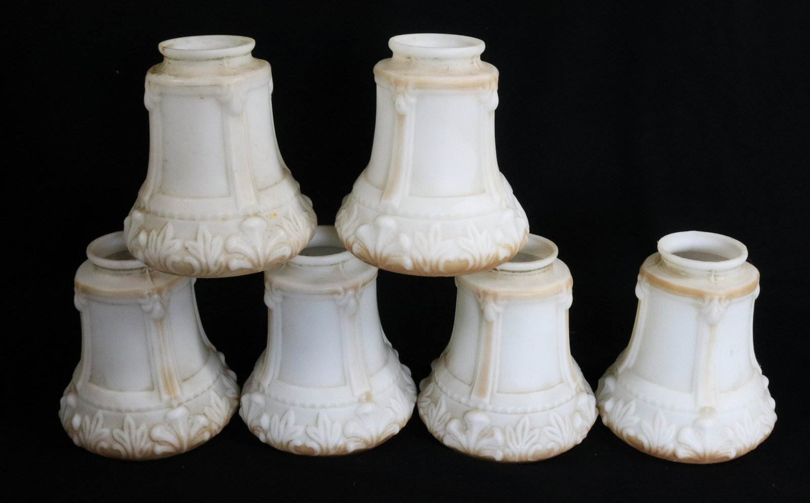 (5) CHANDELIER SHADES: PRESSED SATIN MILK GLASS BROWN HIGHLIGHTS 5"H FIT RING 2 1/8" Terms: Please Read Carefully before Bidding. Hartzell’s Auction Gallery Inc. will Conduct an ON-LINE ONLY Auction at 2481 Belvidere Rd, 