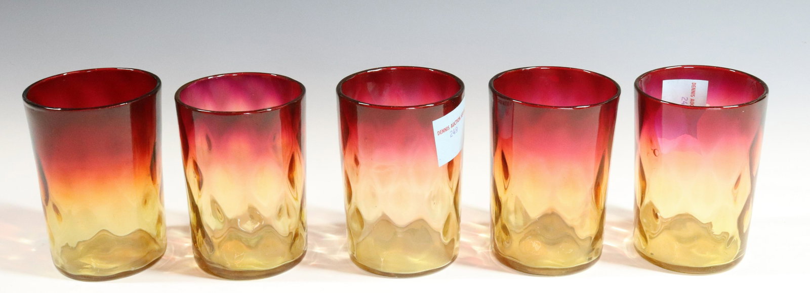(5) AMBERINA TUMBLERS: DIAMOND OPTIC PATTERN NICE DEEP COLOR FLINT POLISHED PONTILS 4" Terms: Please Read Carefully before Bidding. Hartzell’s Auction Gallery Inc. will Conduct an ON-LINE ONLY Auction at 2481 Belvidere Rd