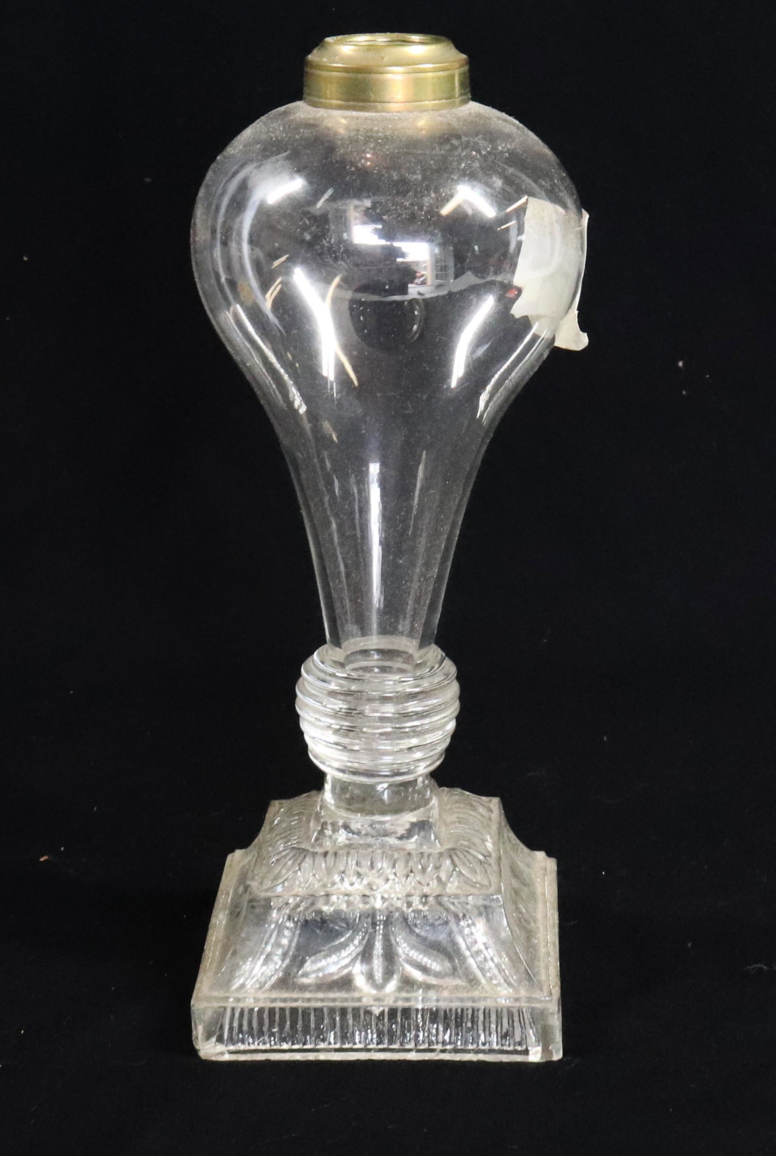 LACY BASE WHALE OIL LAMP: SQUARE LACE BASE SEVEN RIB KNOP 8 3/4" Terms: Please Read Carefully before Bidding. Hartzell’s Auction Gallery Inc. will Conduct an ON-LINE ONLY Auction at 2481 Belvidere Rd, Phillipsburg, Nj. 08865
