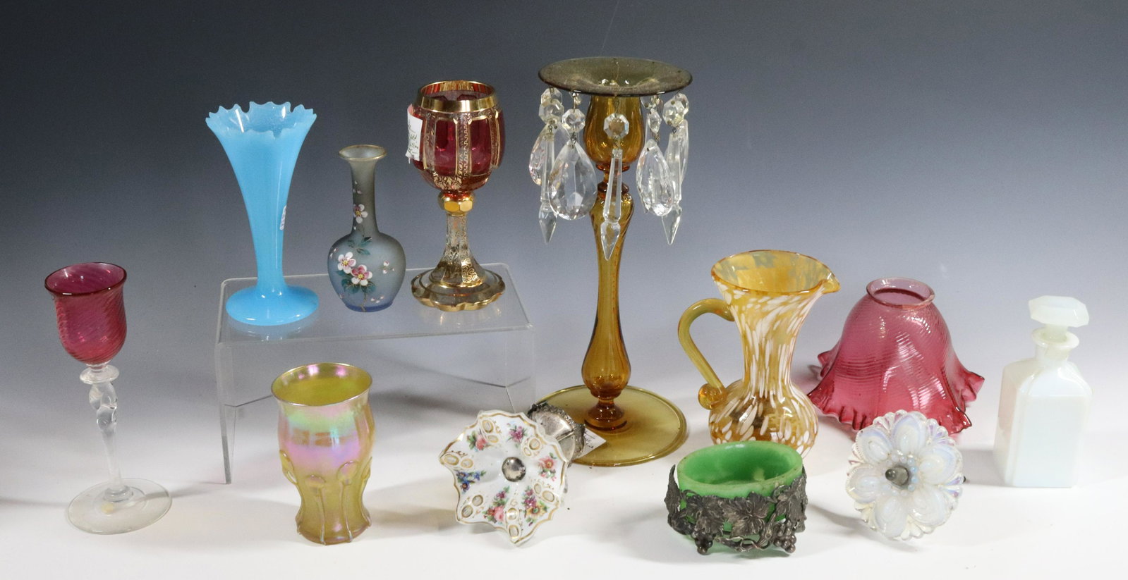 GLASS LOT: SINCLAIR CANDLESTICK, MOSER GOBLET, TIFFANY TUMBLER EARLY WHITE GLASS BOTTLE CLAMBROTH VASE 10"H Terms: Please Read Carefully before Bidding. Hartzell’s Auction Gallery Inc. will Conduct an ON-LINE 