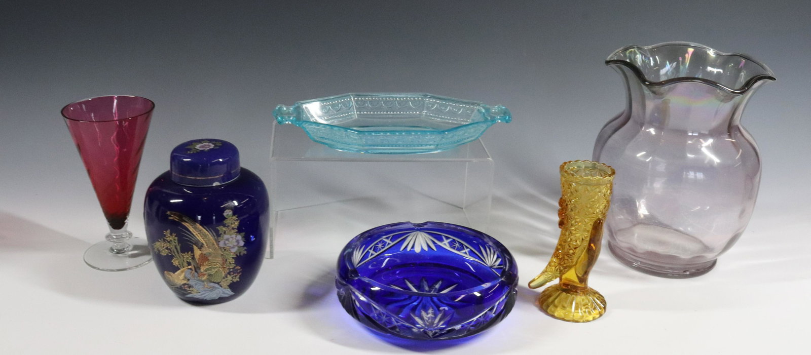GLASS LOT: PRESSED RELISH AND VASE IN COLOR, OVERLAY COBALT ASHTRAY ETC 6" Terms: Please Read Carefully before Bidding. Hartzell’s Auction Gallery Inc. will Conduct an ON-LINE ONLY Auction at 2481 Belvidere Rd