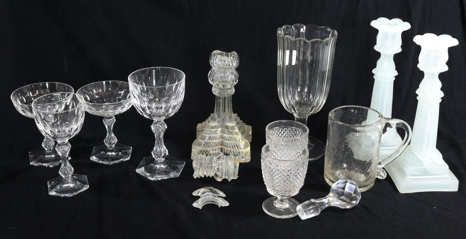 GLASS LOT: THREE EARLY CANDLESTICKS, CUT GLASS FOUR PIECES SAME PATTERN, TWO SAWTOOTH EGG CUPS 8" Terms: Please Read Carefully before Bidding. Hartzell’s Auction Gallery Inc. will Conduct an ON-LINE ONLY Aucti