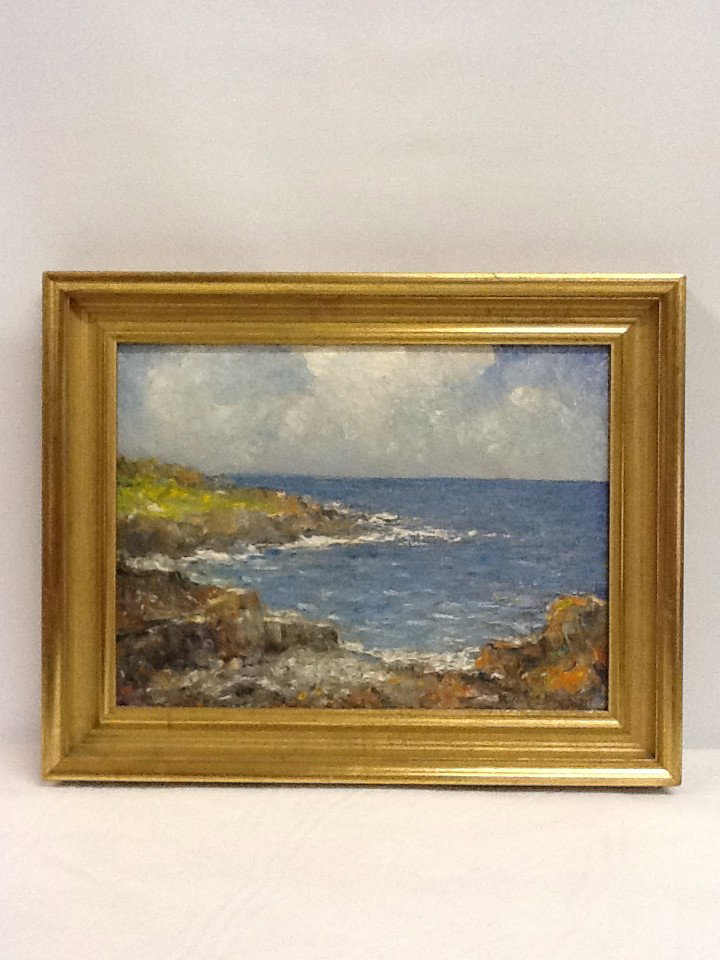 CULLEN YATES "SEA SCAPE" OIL ON CANVAS 12" X 16" : CULLEN YATES "SEA SCAPE" OIL ON CANVAS 12" X 16" SIGNED NA (NATIONAL ACADEMY) LOWER RIGHT IN REPRODUCTION FRAME