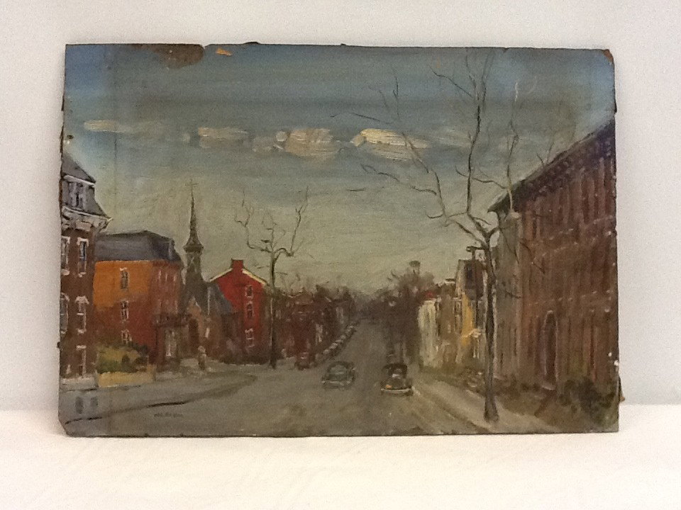 WALTER EMERSON BAUM 14" X 20" OIL ON BOARD "STREE: WALTER EMERSON BAUM 14" X 20" OIL ON BOARD "STREET SCENE" EXHIBITED AT THE SALMAGUNDI CLUB 1948