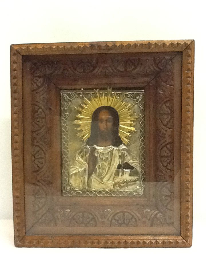 RUSSIAN ORTHODOX ICON "CHRIST THE PANTECRATER" WI: RUSSIAN ORTHODOX ICON "CHRIST THE PANTECRATER" WITH KEOT TEMPERA ON WOOD AND BRASS OCLOEDT 3RD QUARTER 19TH CENTURY 11 1/2" X 12 1/2"