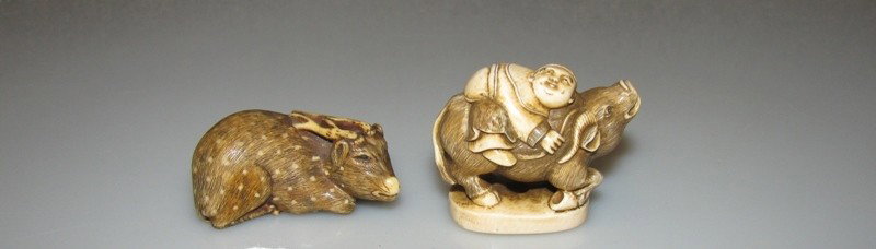 PR. CARVED IVORY NETSUKE - MAN RIDING AN OX 1 1/4: PR. CARVED IVORY NETSUKE - MAN RIDING AN OX 1 1/4" AND 1 3/4" & RED DEER 1 1/2" X 3/4"