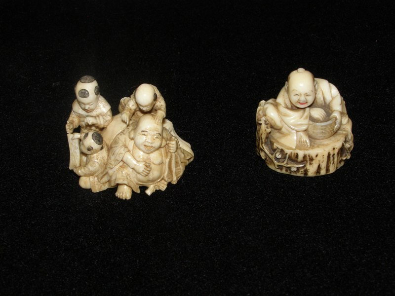 PR. CARVED IVORY NETSUKE - MAN PLAYING WITH CHILD: PR. CARVED IVORY NETSUKE - MAN PLAYING WITH CHILDREN 1 3/4" X 1 1/2" & MAN WITH BASKET ON TREE TRUCK 1 1/2"