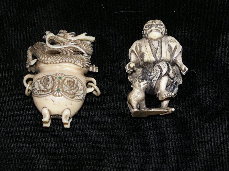 PR. CARVED IVORY NETSUKE MEDICINE MAN 2 1/4" & DR: PR. CARVED IVORY NETSUKE MEDICINE MAN 2 1/4" & DRAGON ON POT 2"