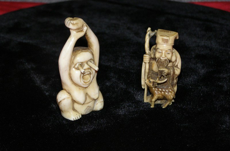 PR. CARVED IVORY NETSUKE ELDER WITH SIKA DEER 2" : PR. CARVED IVORY NETSUKE ELDER WITH SIKA DEER 2" & NAKED MAN WITH POP-OUT EYES 2 1/2"