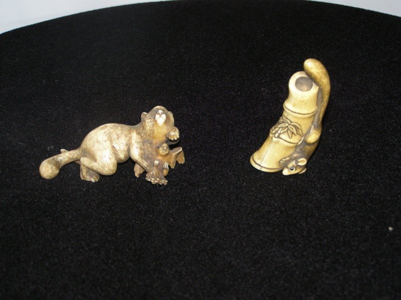 PR. CARVED IVORY NETSUKE - BADGER WITH A BIRD OF : PR. CARVED IVORY NETSUKE - BADGER WITH A BIRD OF PREY 3" X 1 1/8" & MOUSE ON BAMBOO SHOOTS 2 1/2"