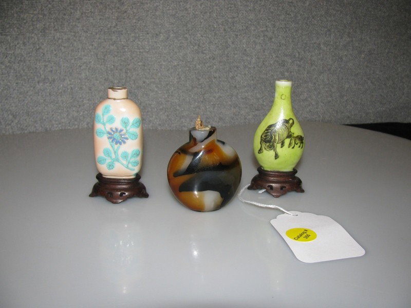 LOT OF (3) SNUFF BOTTLES (2) PORCELAIN ONE WITH MO: LOT OF (3) SNUFF BOTTLES (2) PORCELAIN ONE WITH MONKEY RIDING A ZEBRA 3 1/4", FLORAL DESIGN 3 1/4", & HARDSTONE 2"