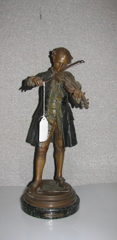 METAL FIGURE OF MOZART PLAYING VIOLIN ON MARBLE BA: METAL FIGURE OF MOZART PLAYING VIOLIN ON MARBLE BASE SIGNED: L. GREGOIRE STAMPED FABRICATION MADE IN FRANCE 19 1/2"