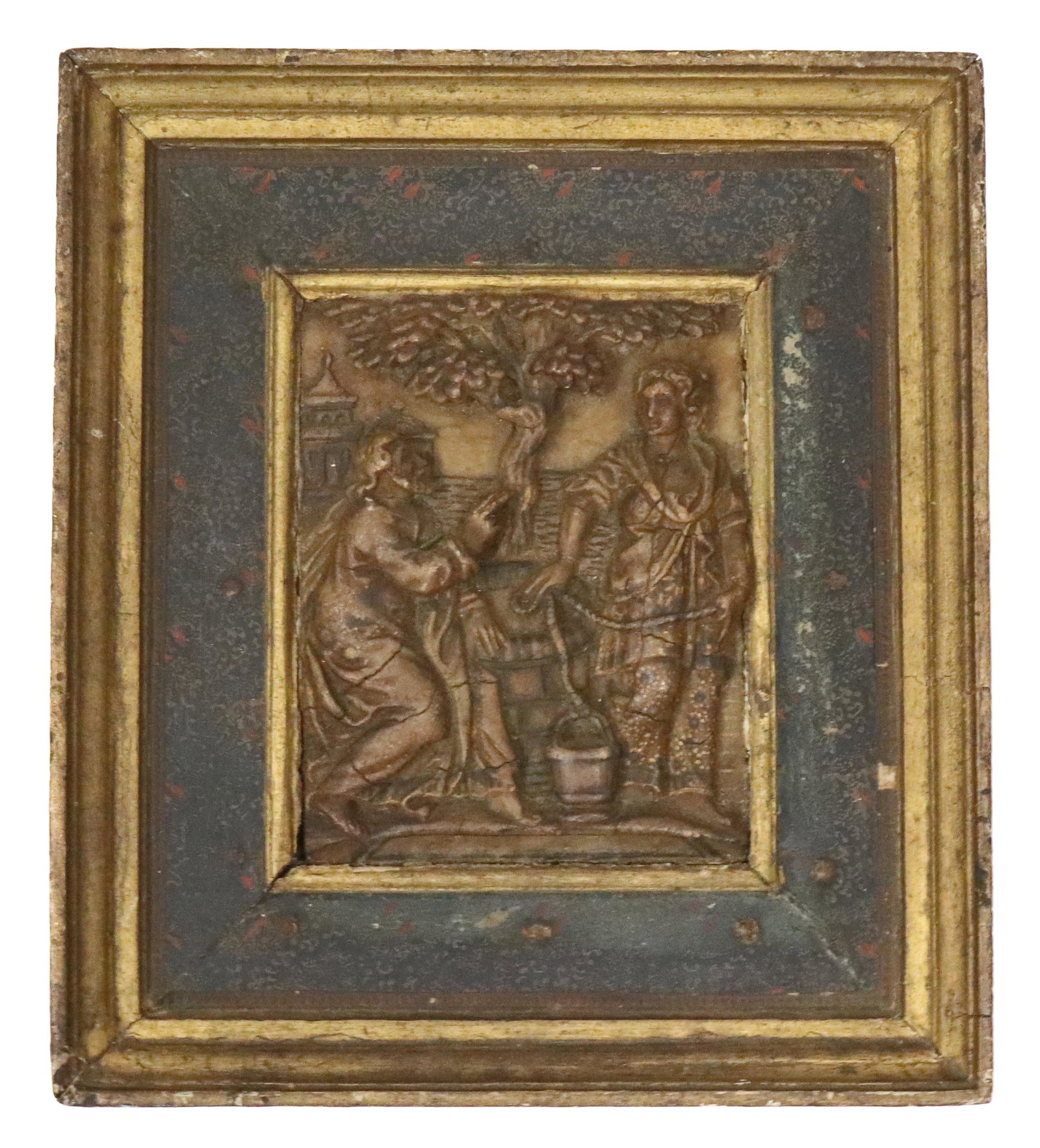 EARLY PLASTER RETABLO: REBECCA AT THE WELL WITH CHRIST FRAMED HANDPAINTED BORDER AND ROBES EARLY MEXICO 9" X 8" TERMS: UPDATED 2023 TERMS FOR PURCHASING AND SHIPPING OF AUCTION ITEMS. PLEASE READ CAREFULLY BEFORE BIDDING. A