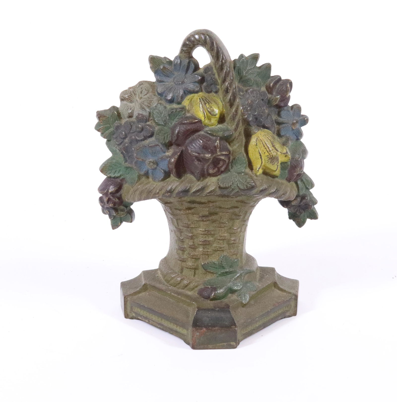 CAST IRON FLOWER BASKET DOORSTOP: MRKD. 849 ON BACK. 5 1/2" H. TERMS: UPDATED 2023 TERMS FOR PURCHASING AND SHIPPING OF AUCTION ITEMS. PLEASE READ CAREFULLY BEFORE BIDDING. ALL PAYMENTS FOR PURCHASES WILL BE MADE THROUGH LIVEAUCTIONEE