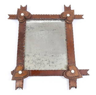 CHIP ART WOOD FRAME MIRROR: WITH DOUBLE HEART CORNERS ORGINAL GLASS MIXED WOODS 12 1/2" X 11 1/2" TERMS: UPDATED 2023 TERMS FOR PURCHASING AND SHIPPING OF AUCTION ITEMS. PLEASE READ CAREFULLY BEFORE BIDDING. ALL PAYMENTS FOR PUR