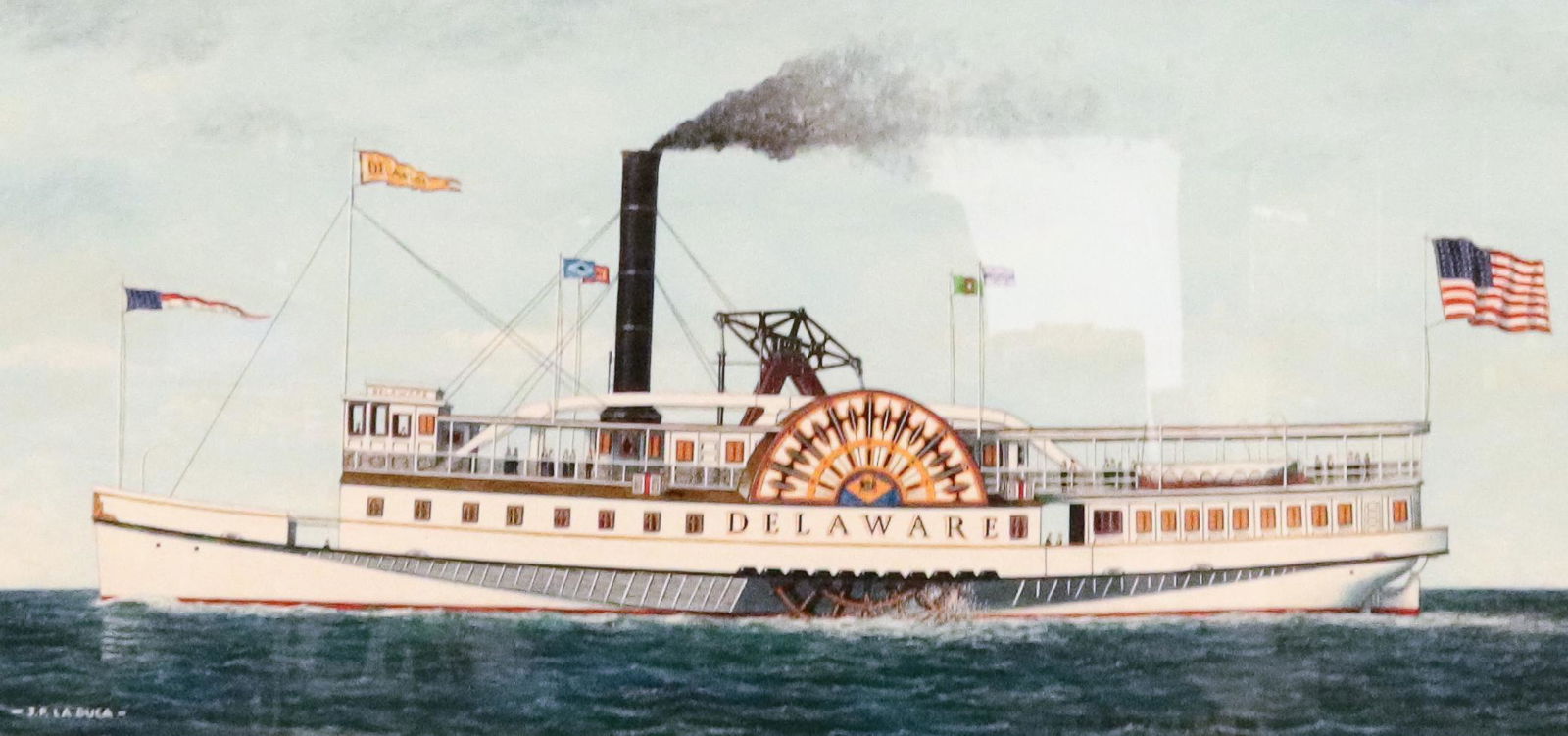 J.P. LA DUCA TEMPERA ON BOARD: THE DELAWARE STEAMBOAT. SGND. BOTTOM LEFT. MATTED AND FRAMED UNDER GLASS. SIGHT VIEW 9" X 19 1/4". TERMS: UPDATED 2023 TERMS FOR PURCHASING AND SHIPPING OF AUCTION ITEMS. PLEASE READ CAREFULLY BEFORE