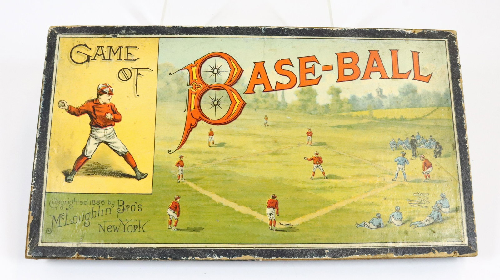 MCLOUGHLIN BROS. GAME OF BASEBALL, 1886: BOARD AND BOX ONLY. BOARD 17" X 16 1/4". BOX 17 1/4" L.