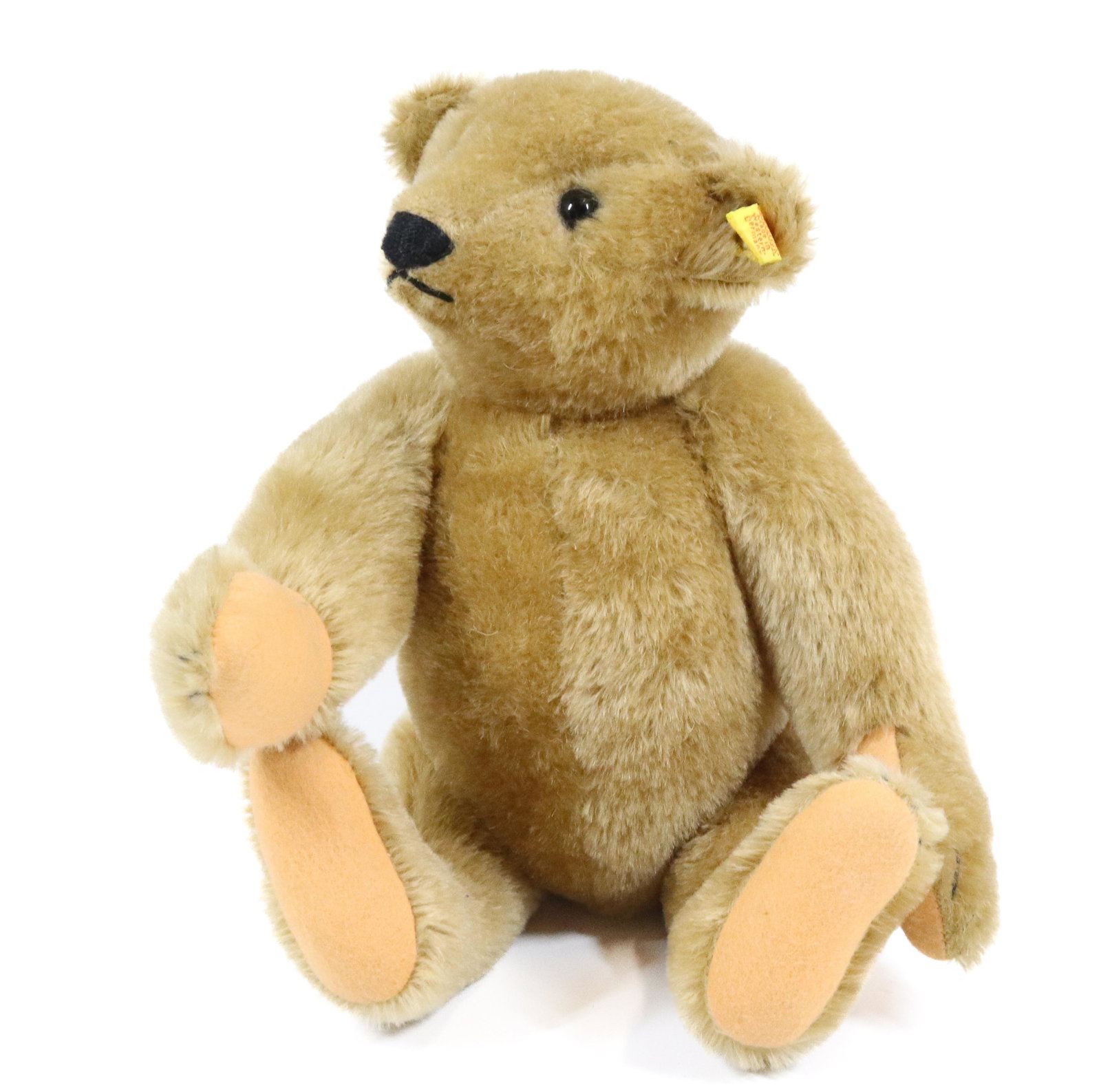 STEIFF JOINTED GROWLER TEDDY BEAR: BUTTON/TAG IN EAR. ACRYLIC/COTTON. MADE IN WESTERN GERMANY. 13 1/2" L.