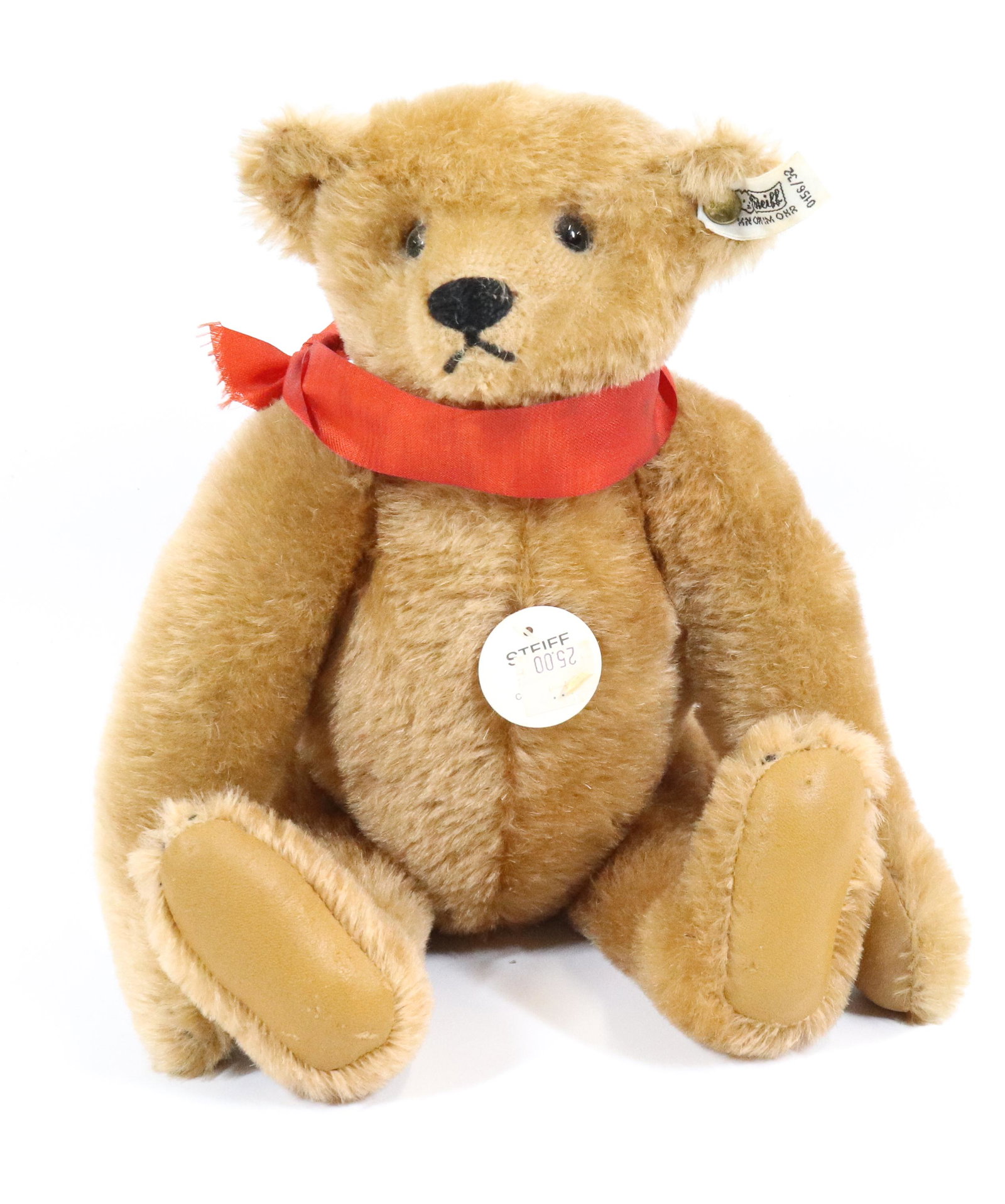 STEIFF JOINTED TEDDY BEAR: BUTTON/TAG IN EAR. WOOL/COTTON. MADE IN WESTERN GERMANY. LEATHER PADS. 11 1/2" L.