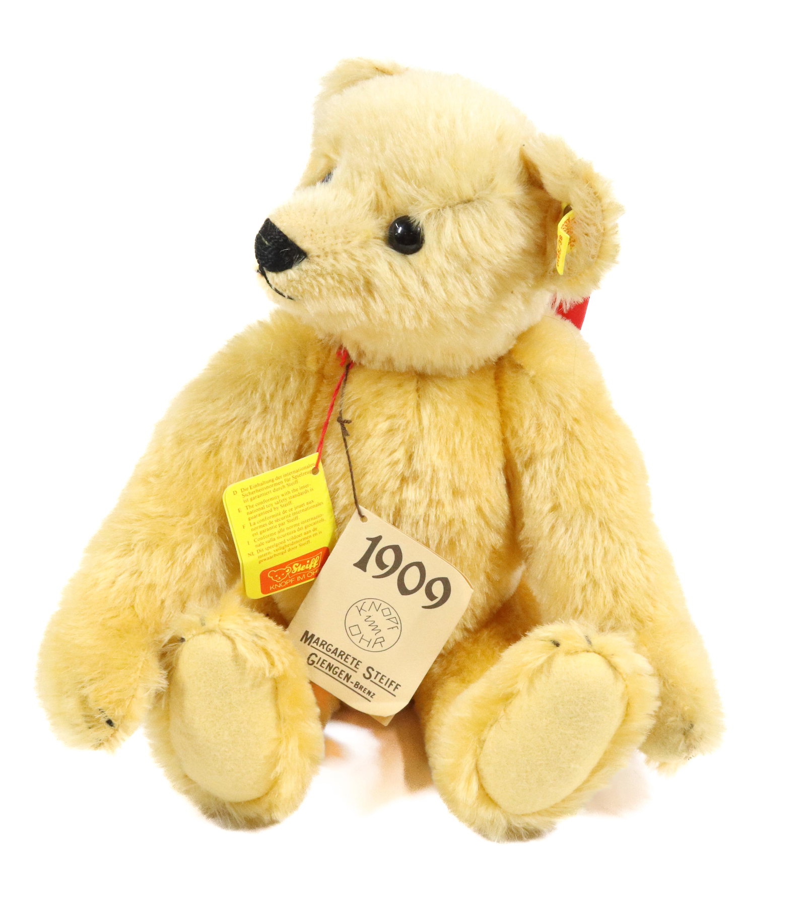 STEIFF REPLICA TEDDY BEAR TAGGED 1909: BUTTON/TAG IN EAR. WOOL/COTTON. WESTERN GERMANY. 14" L.