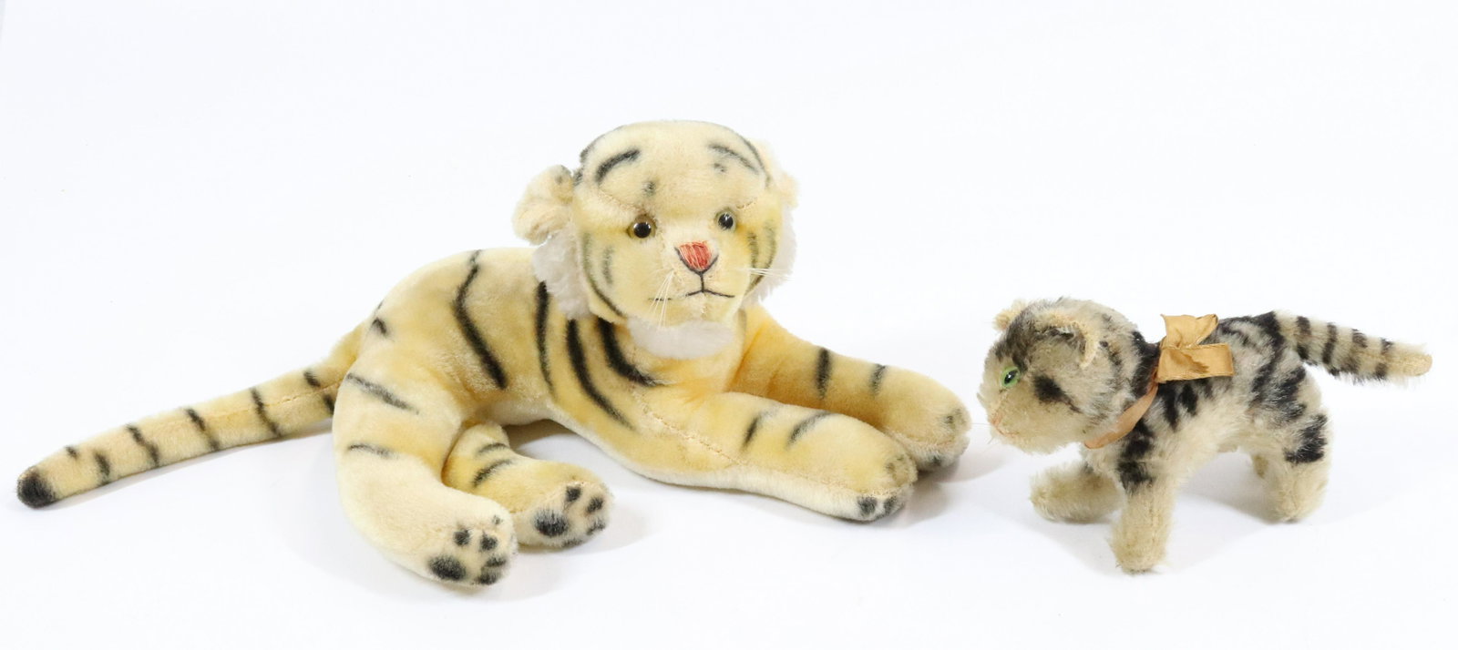 STEIFF CAT AND TIGER: CAT HAS BUTTON IN EAR (5" L) AND TIGER 9" L.