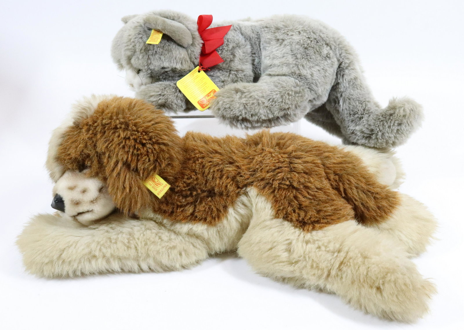 STEIFF CAT AND DOG: BUTTON/TAGS IN EAR. CAT HAS PAPER TAGS. 16" AND 18" LENGTHS.