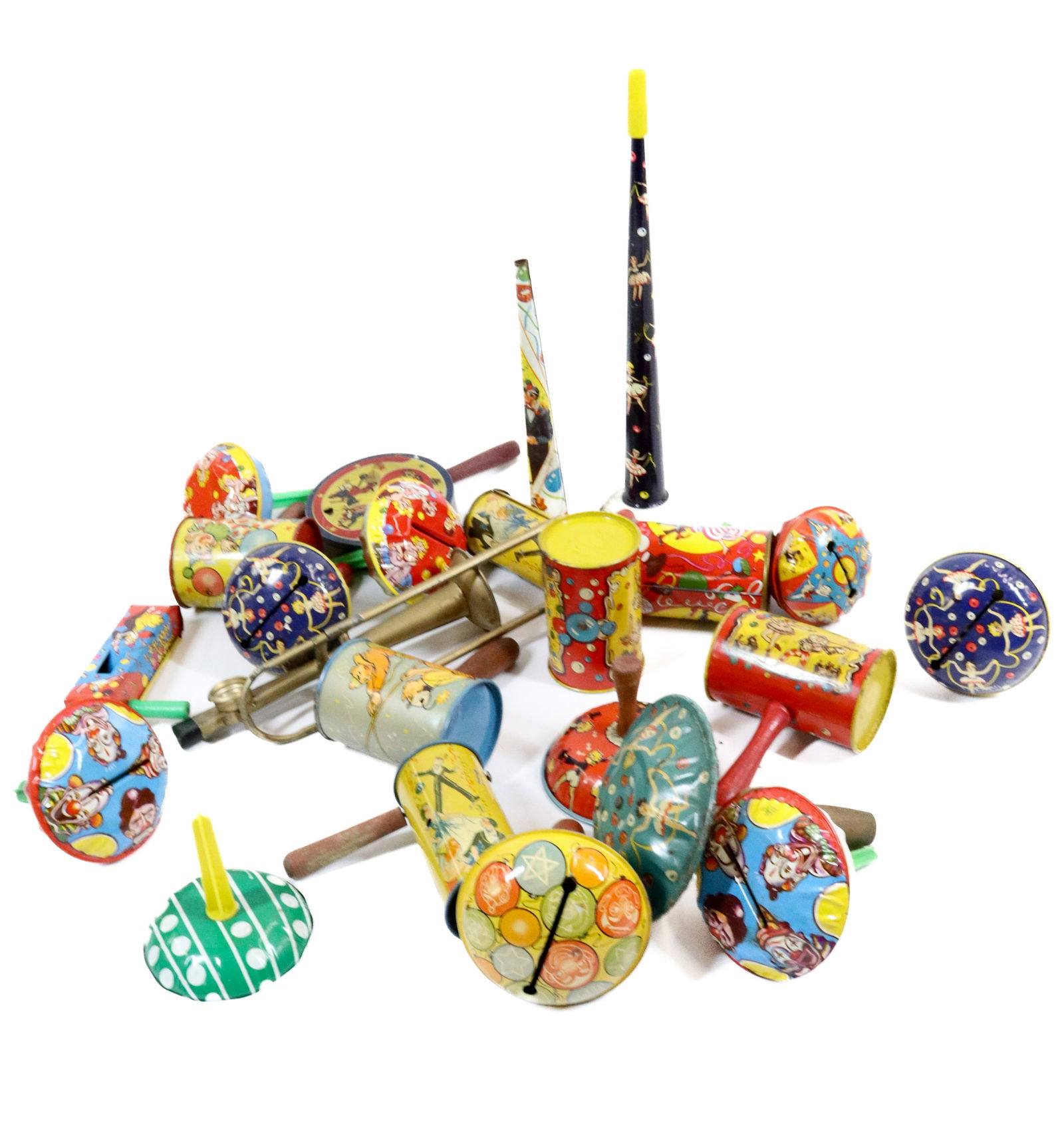 LOT OF TIN LITHO NOISEMAKERS: VARIOUS STYLES AND MANUFACTURERS.