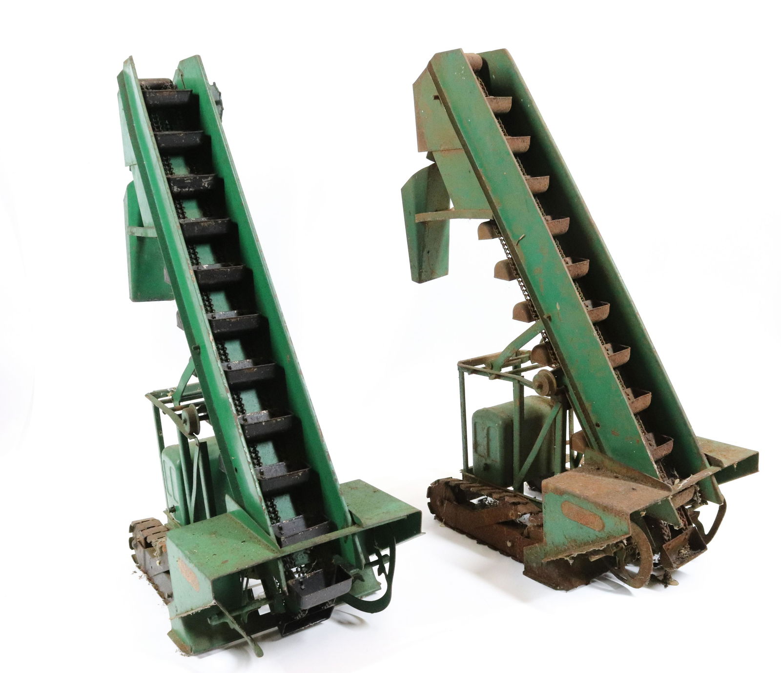 (2) DOEPKE MODEL TOYS PRESSED STEEL BUCKET LOADERS: MRKD. BARBER GREENE. 18" H.