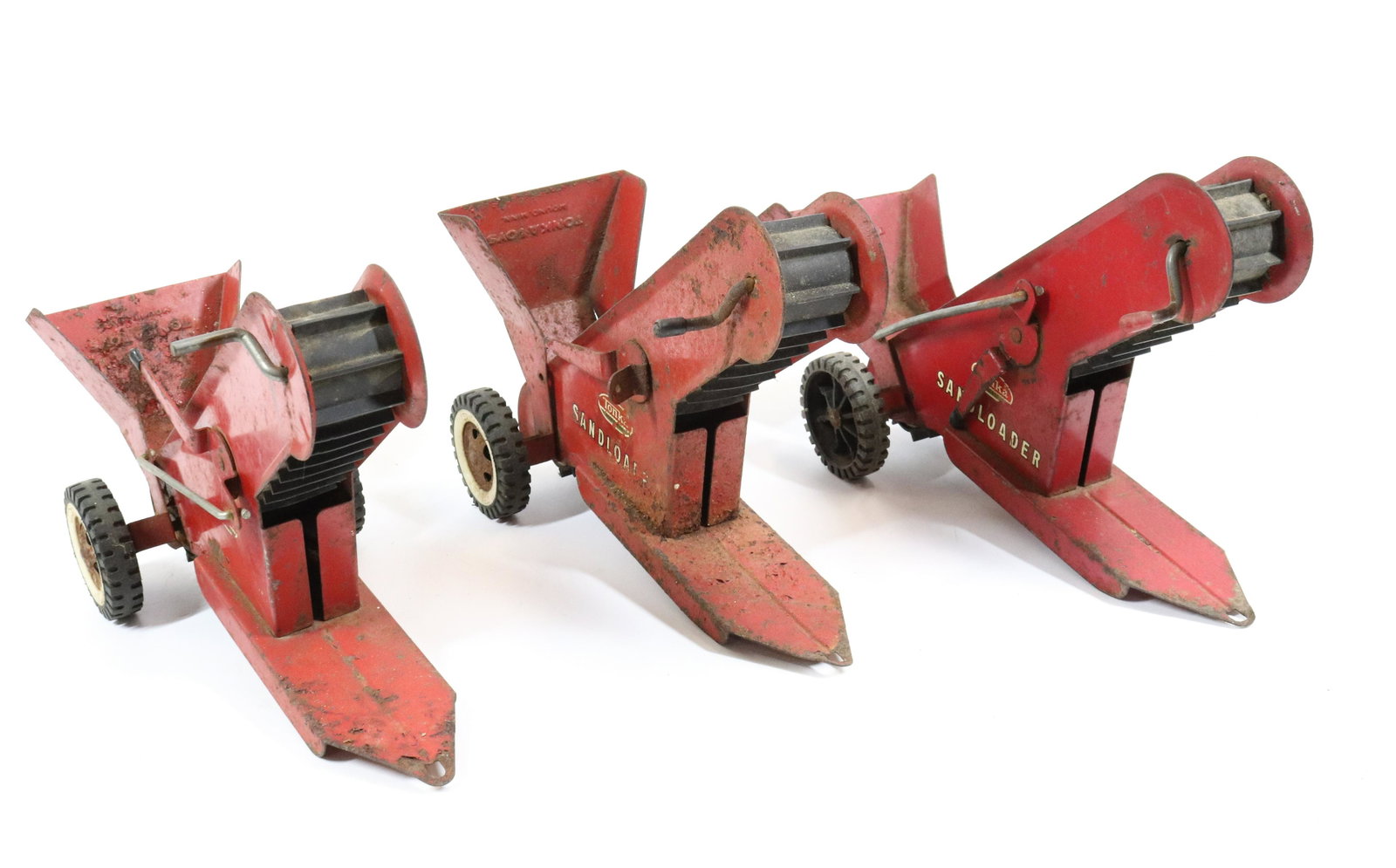(3) TONKA TOYS SAND LOADERS: RED PAINTED STEEL WITH MOLDED TIRES.