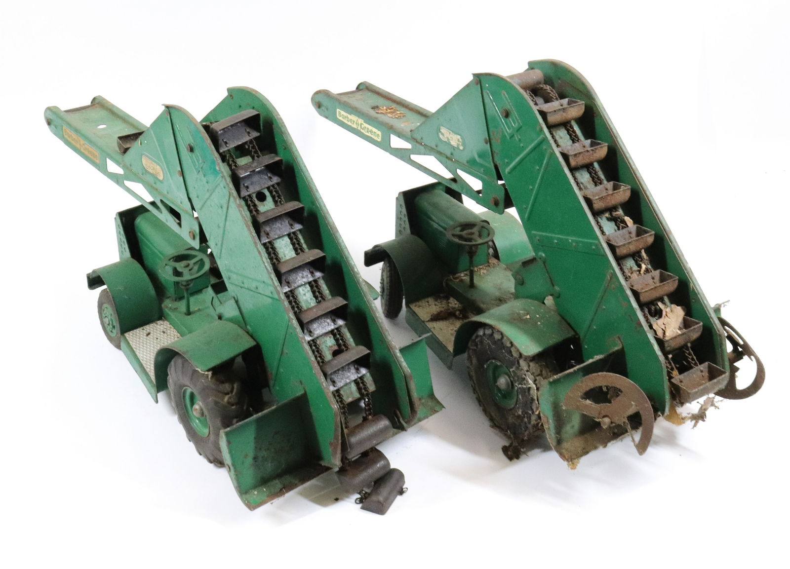 (2) DOEPKE MODEL TOYS PRESSED STEEL MOBILE BUCKET LOADERS: MRKD. BARBER GREENE. 12" X 23".