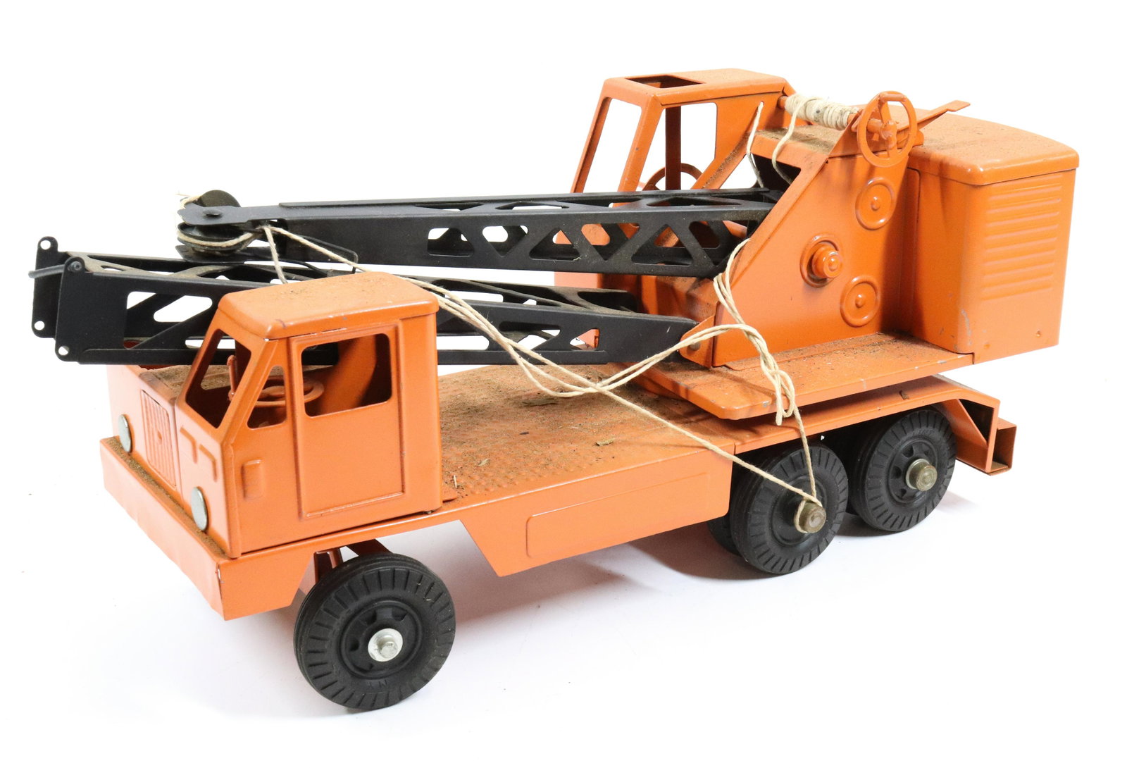 NYLINT PRESSED STEEL CRANE: ORANGE/BLACK WITH MOLDED TIRES. 17 1/2" L.
