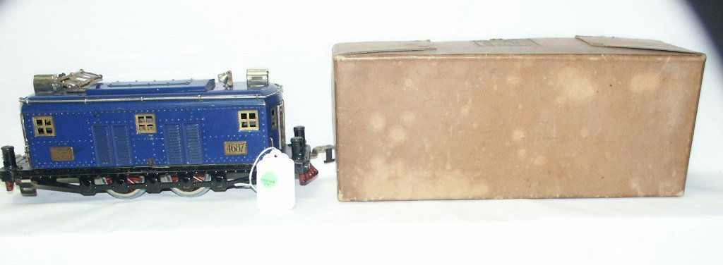 AMERICAN FLYER PRE-WAR WIDE GAUGE W/ Box: AMERICAN FLYER PRE-WAR WIDE GAUGE - #4687 BLUE 040 NEW WHEELS, (POSSIBLY) THE WRONG CHASSIE, AND MINOR PAINT LOSS. With Box