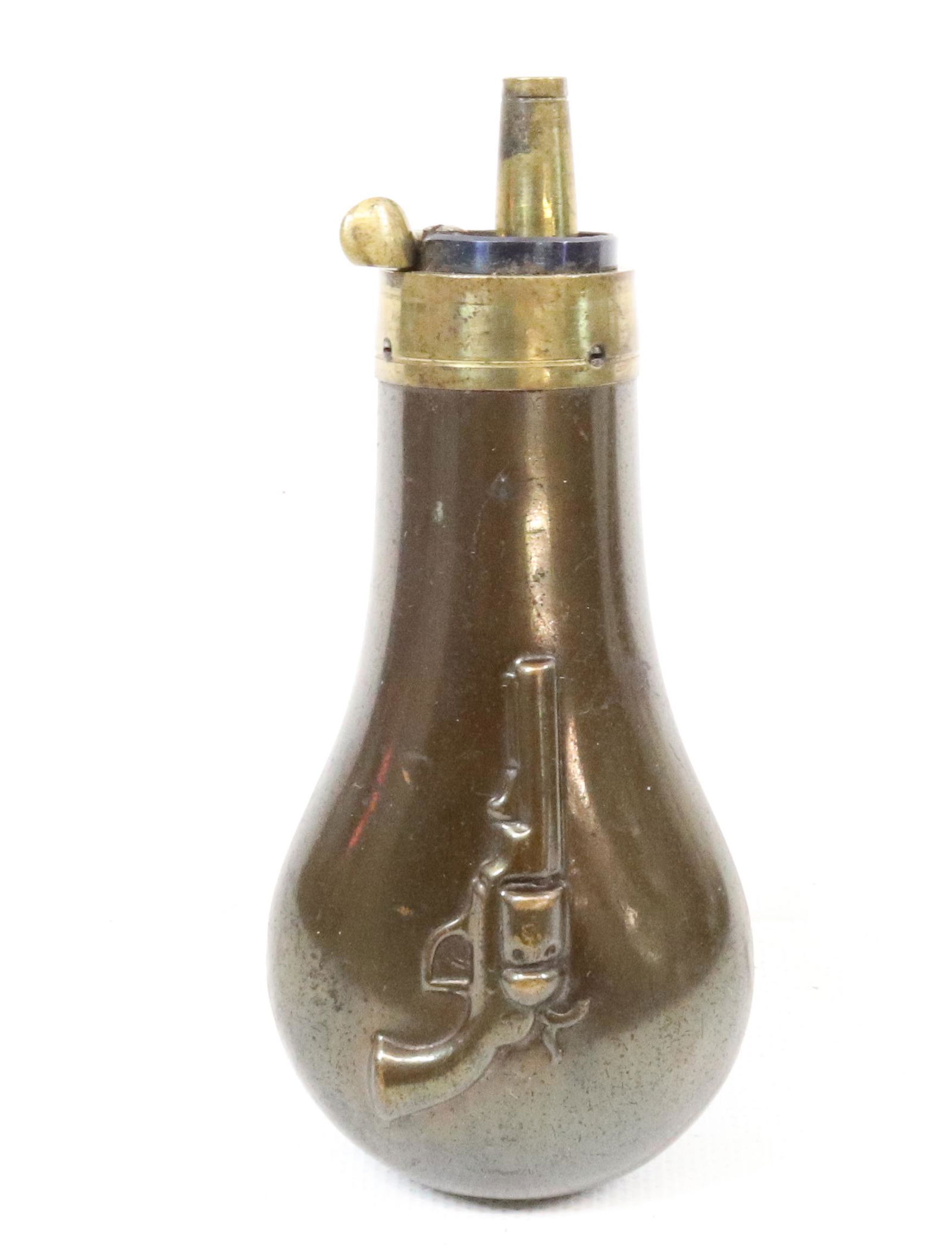EARLY COLT REVOLVER POWDER FLASK: EMBOSSED WITH REVOLVER, CONTAINS MOST OF ITS FINISH - 4 5/8" Terms: UPDATED 2023 TERMS FOR PURCHASING AND SHIPPING OF AUCTION ITEMS. PLEASE READ CAREFULLY BEFORE BIDDING. ALL PAYMENTS MUST BE MADE BEF